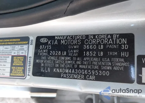 2016 Kia Rio Lx из США, поврежденный, VIN KNADM4A30G6595300